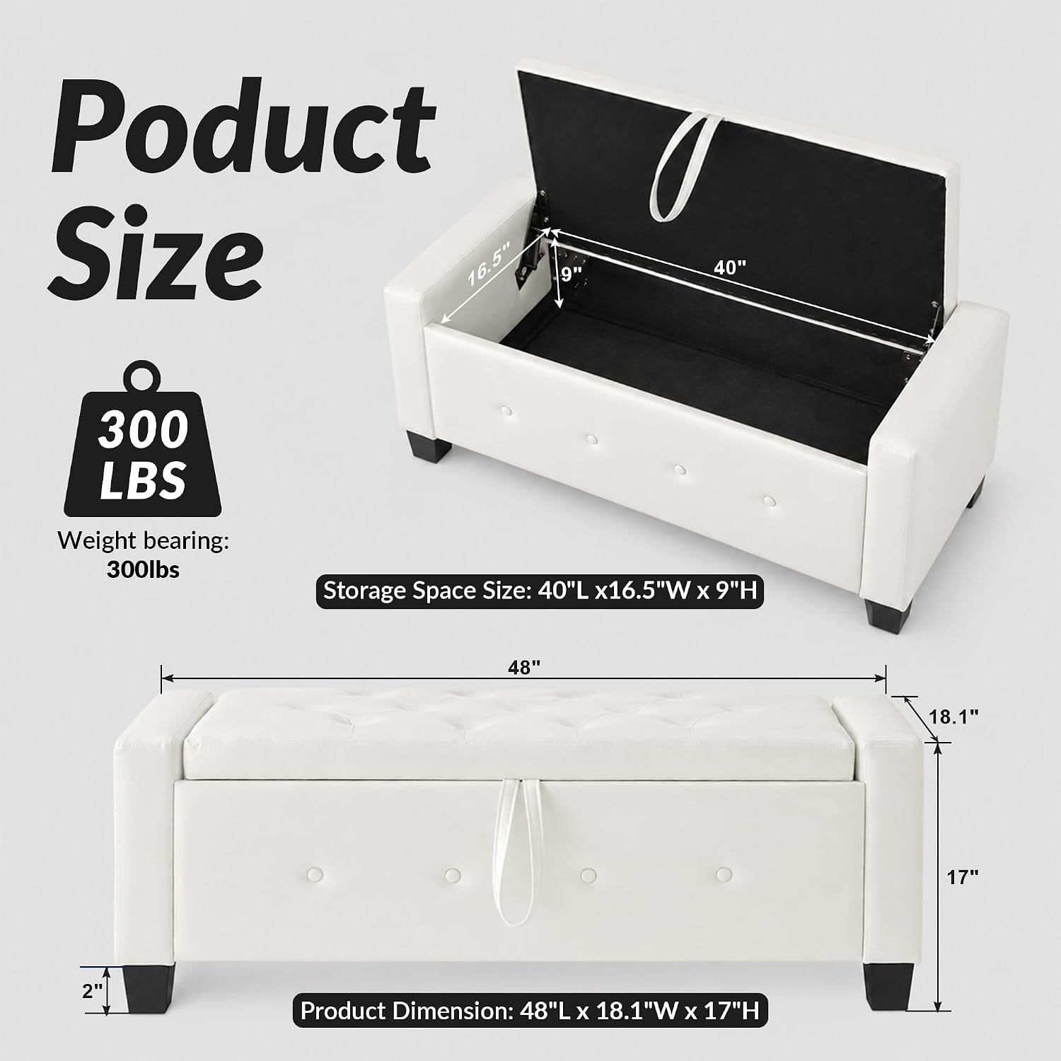 extrasleep 48" White Storage Ottoman Bench, Faux Leather Upholstered Tufted Ottoman, PU Bench for Bedroom Living Room Entryway Hallway, Large Leather End of Bed Benches, Lvory White