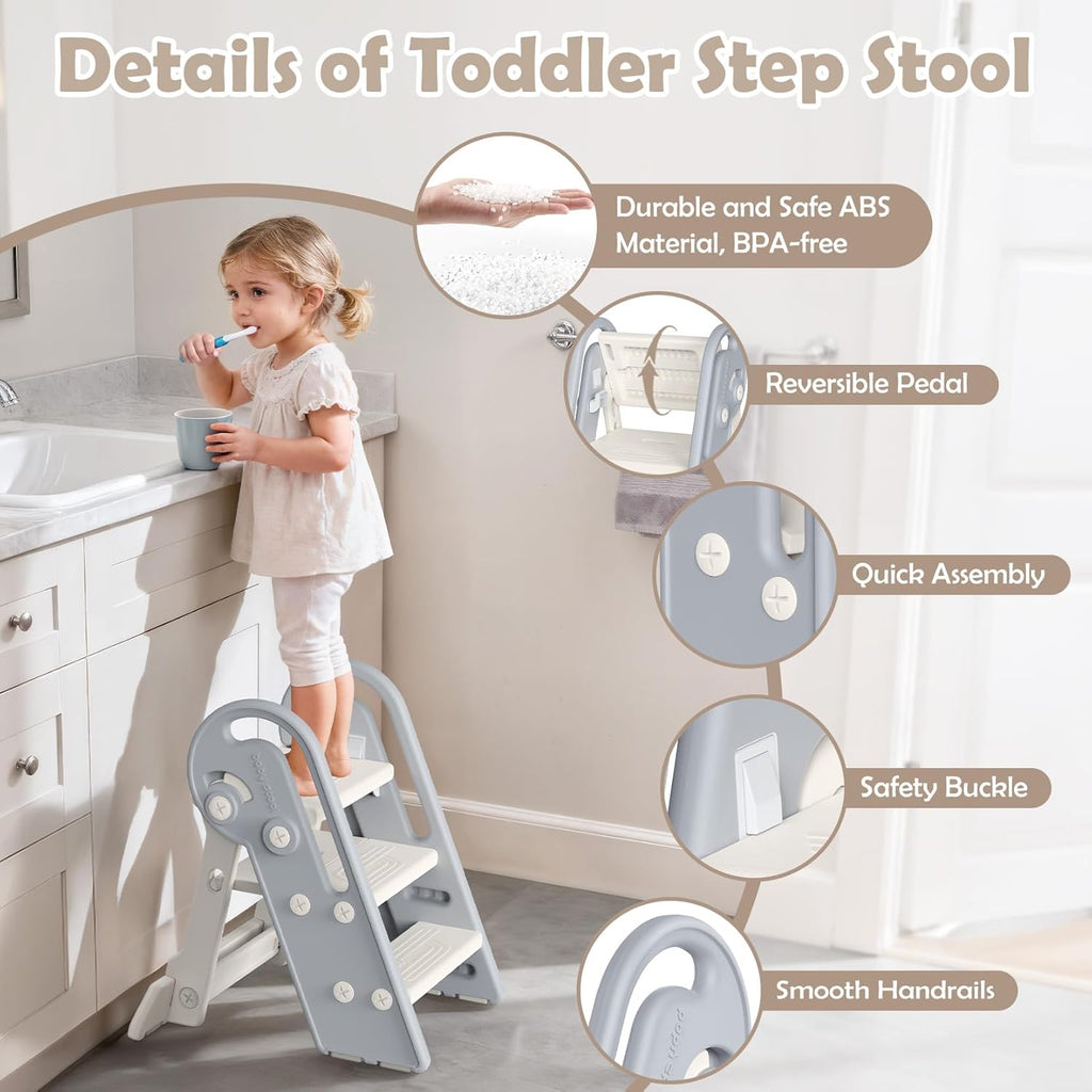 Onasti Adjustable Toddler Step Stool with Handles, Converts from 3-Step to 2-Step as Kids Grow, Non-Slip Safety Stool for Bathroom Sink, Kitchen Counter, Potty Training and Everyday Household Use-Grey