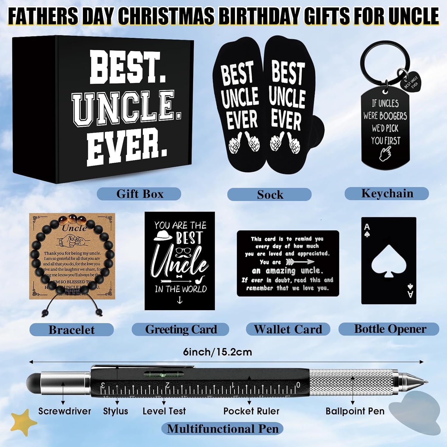 11 Pcs Best Uncle Ever Gift, Father's Day Gifts, Uncle Gifts for Men with 20 Oz Tumbler Socks Baseball Cap Tape Measure Bracelet Wallet Card Keychain, Birthday Christmas Gift from Niece Nephew