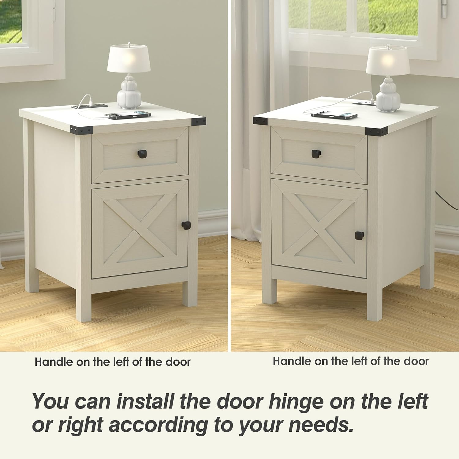 Farmhouse Nightstand with Charging Station, White Side Table, Rustic End Table with Barn Door and Drawer, Rustic Floating Nightstands Modern Bed Side Table Night Stand for Bedroom and Living Room