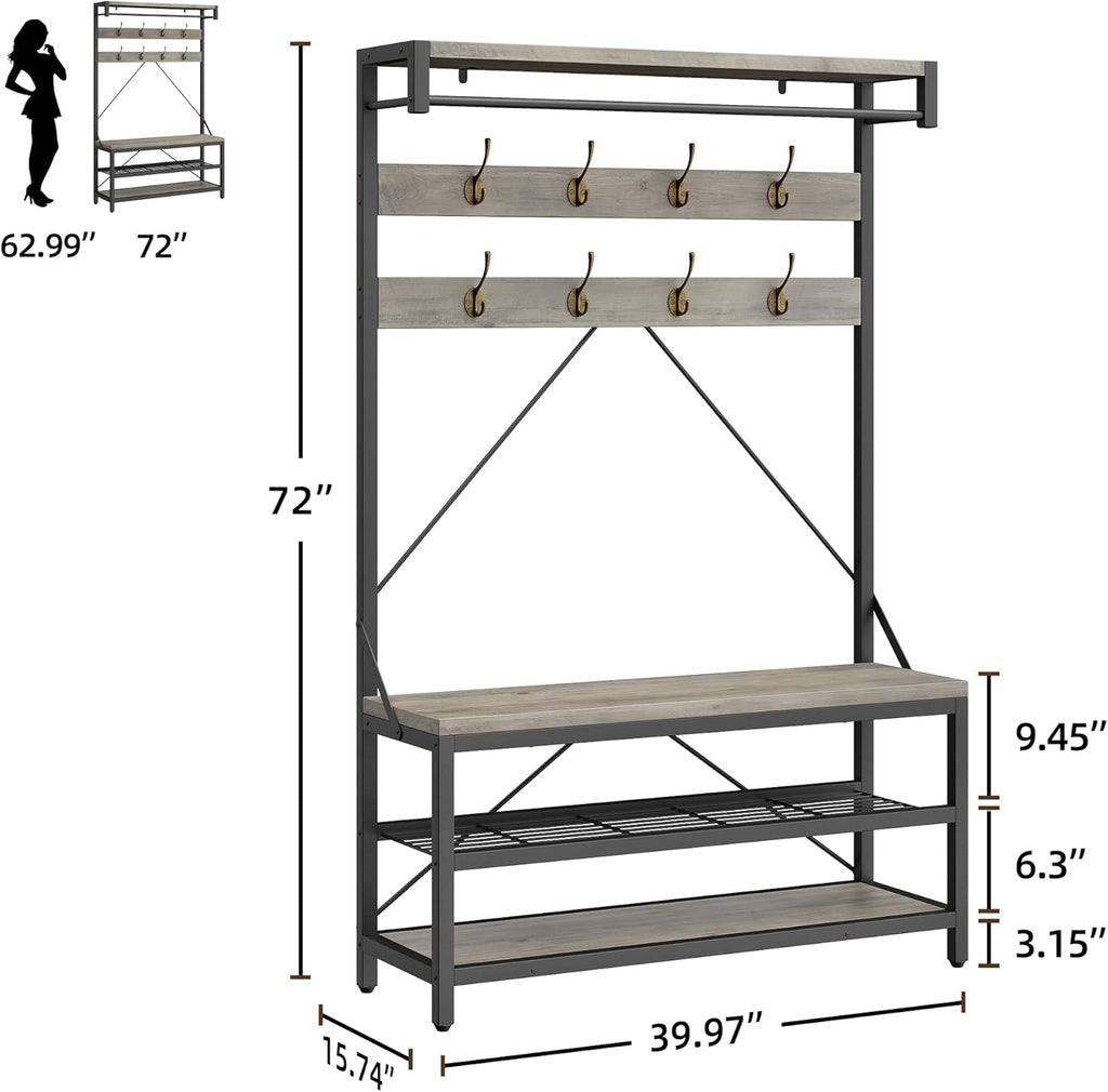 39.9" Industrial Hall Tree Coat Rack, with Bench & Shoe Storage, Entryway Organizer with 8 Sturdy Hooks & Hanging Bar, Large Shoe Rack with Storage Shelf, Steel Frame, Farmhouse Wood Look Accent, Grey