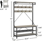 39.9" Industrial Hall Tree Coat Rack, with Bench & Shoe Storage, Entryway Organizer with 8 Sturdy Hooks & Hanging Bar, Large Shoe Rack with Storage Shelf, Steel Frame, Farmhouse Wood Look Accent, Grey