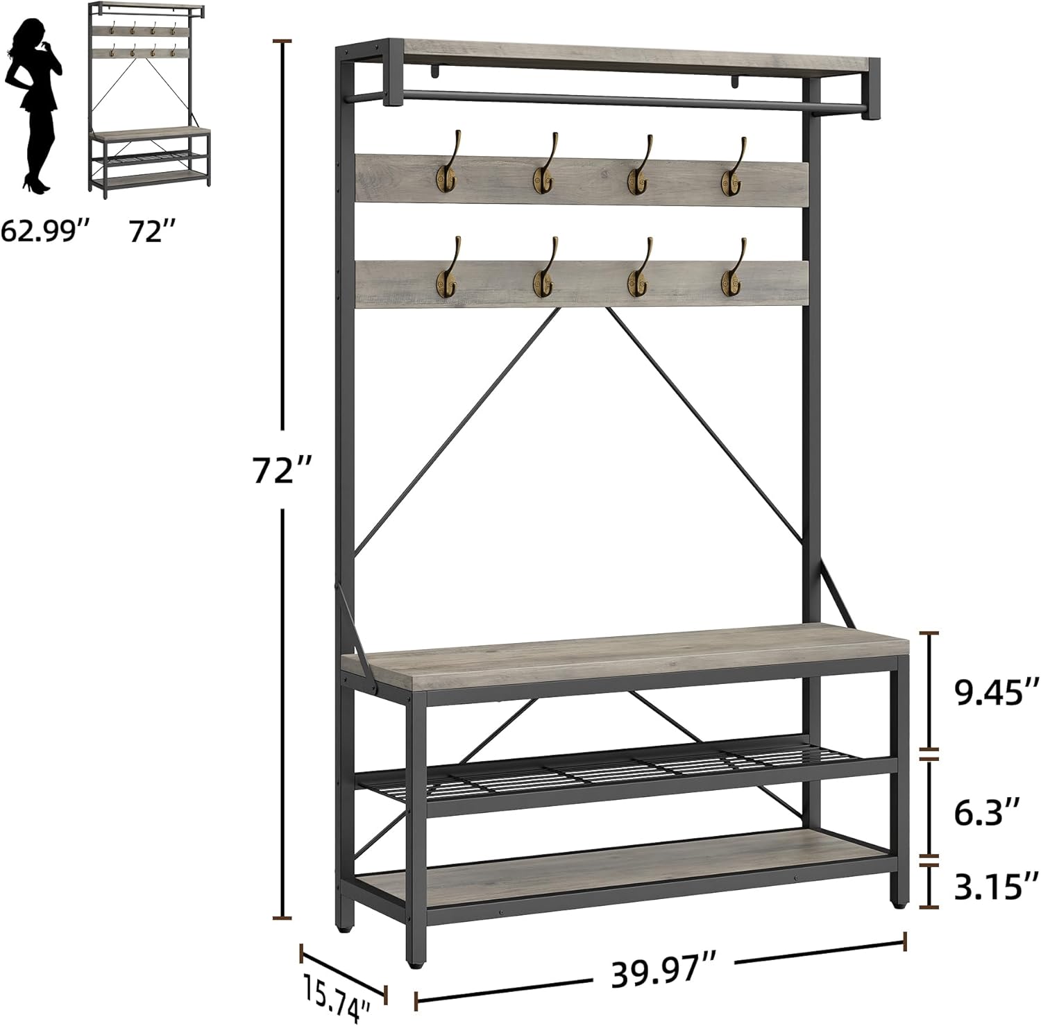 39.9" Industrial Hall Tree Coat Rack, with Bench & Shoe Storage, Entryway Organizer with 8 Sturdy Hooks & Hanging Bar, Large Shoe Rack with Storage Shelf, Steel Frame, Farmhouse Wood Look Accent, Grey