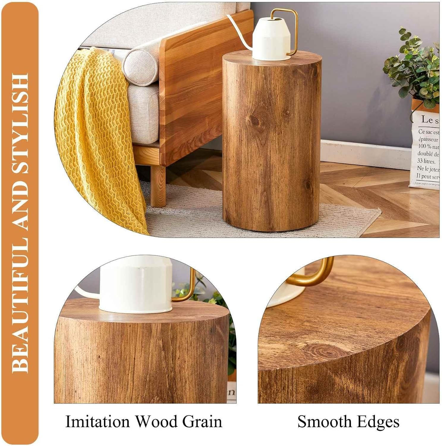 Round Side Table with Imitation Wood Grain, 12" Diameter x 19.7" Height, Modern Cylindrical Design, Sturdy Base with Anti-Slip Feet, Perfect for Living Room, Bedroom, or Office, Wood
