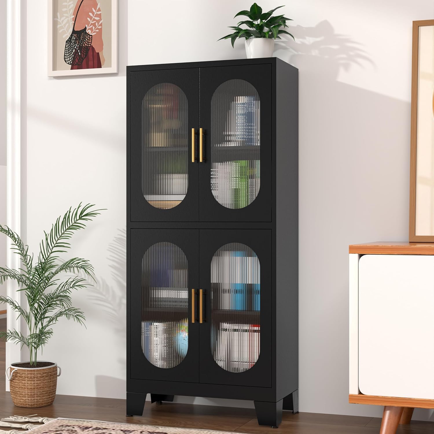 Erosoei Pantry Cabinet, 61" with Acrylic Glass Doors and Adjustable Shelves, Metal Kitchen Cabinet for Multiple Rooms