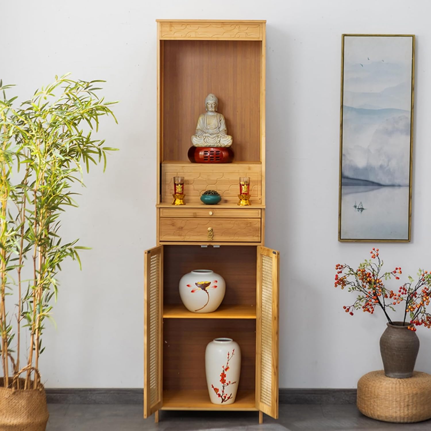 Altar Table with Double Door Storage & Layered Shelf,Chinese Style Buddhist Shrine Cabinet for Home Temple,Meditation Display Table with Vintage F Original Color L60xW38xH185cm/23.6x15x72.8in
