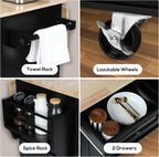 VOWNER 43" W Kitchen Island with Drop Leaf, Rolling Kitchen Island with Drawers, Portable Island Kitchen with Storage, Butcher Block Kitchen Cart with Spice Rack & Towel Rack (Black)