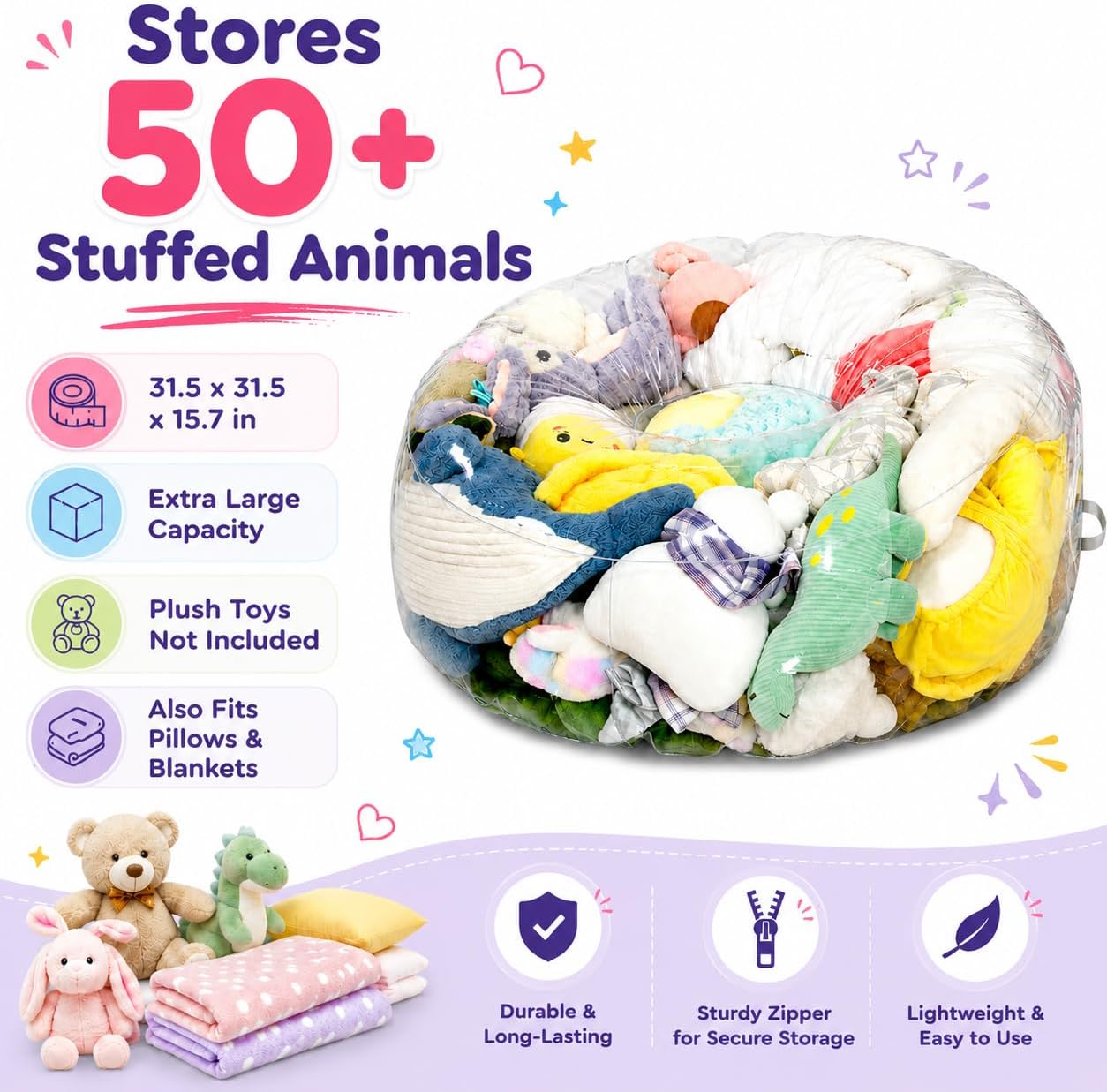 Clear Stuffed Animal Storage Bean Bag Chair Cover for Kids with Zipper | Transparent Waterparoof, Wipe Clean Thicker PVC, Holds 50+ Stuffed Animals, Double Zipper for Plush Toys Storage & Organizing