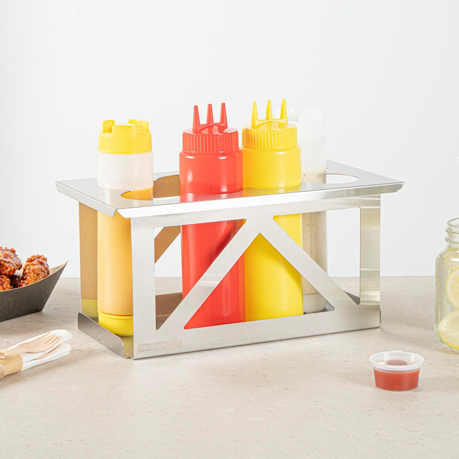 Restaurantware Squeeze Bottle Holder 1 Count Fits 1/3 Size Pan 12.79 x 7.09 x 6.26 Inch Stainless Steel Condiment Bottle Organizer - Durable Kitchen Prep Bottle Rack - Silver