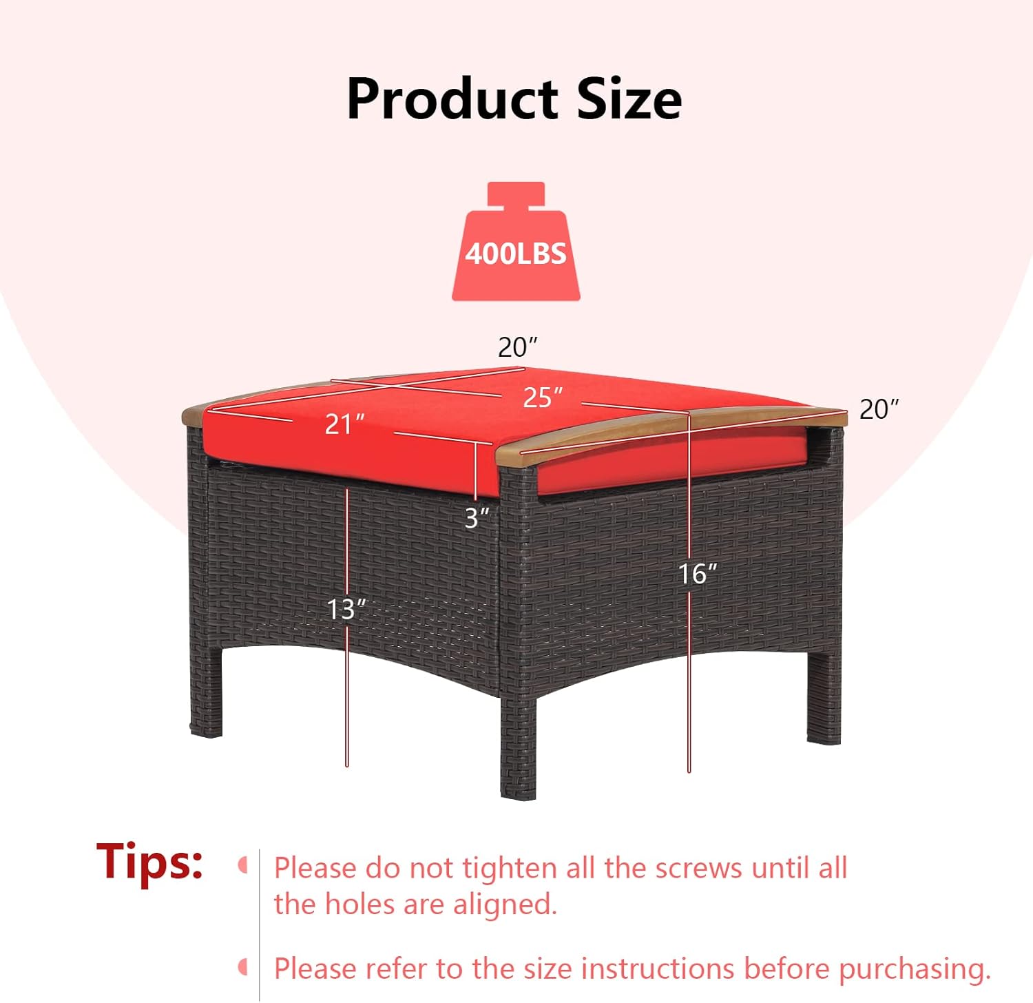 DORTALA Outdoor Ottoman Wicker 2 Piece, Square Patio Ottomans PE Rattan Foot Rest Footstool with Cushions for Couch, Chair, Red
