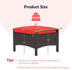 RELAX4LIFE Outdoor Wicker Ottomans for Patio - 2 Pieces PE Rattan Ottoman, Footrest Seat with Zippered Cushions, Acacia Wood Handles, 3-in-1 Footstool, Side Table for Poolside, Backyard (Red)