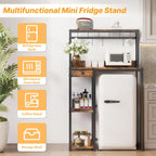 Mini Fridge Stand with Power Outlet & Storage, Rustic Microwave Stand Bakers Rack, Coffee Bar Cabinet for Kitchen, Dorm and Office