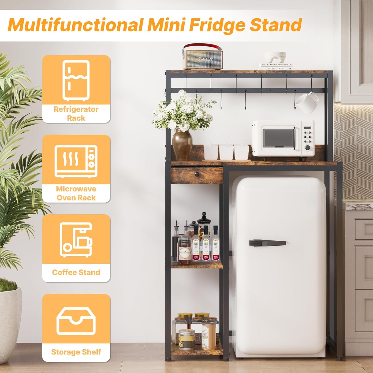 Mini Fridge Stand with Power Outlet & Storage, Rustic Microwave Stand Bakers Rack, Coffee Bar Cabinet for Kitchen, Dorm and Office