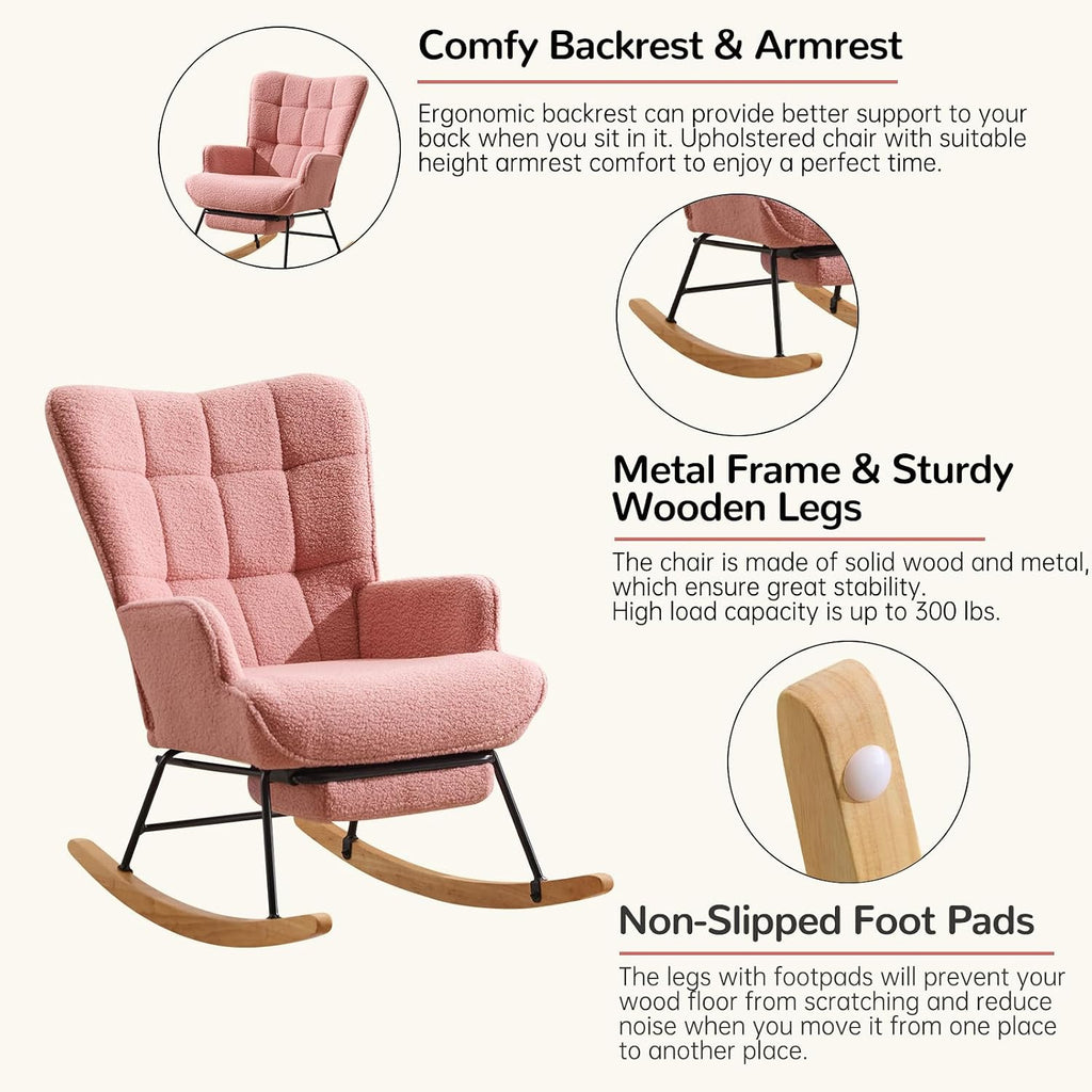 Furniliving Nursery Rocking Chair Armchair Upholstered Glider Rocking Chair Accent Chair with Retractable Footrest Reading Chair with High Backrest Solid Wood Base for Bedroom, Pink, Teddy, 2PCS