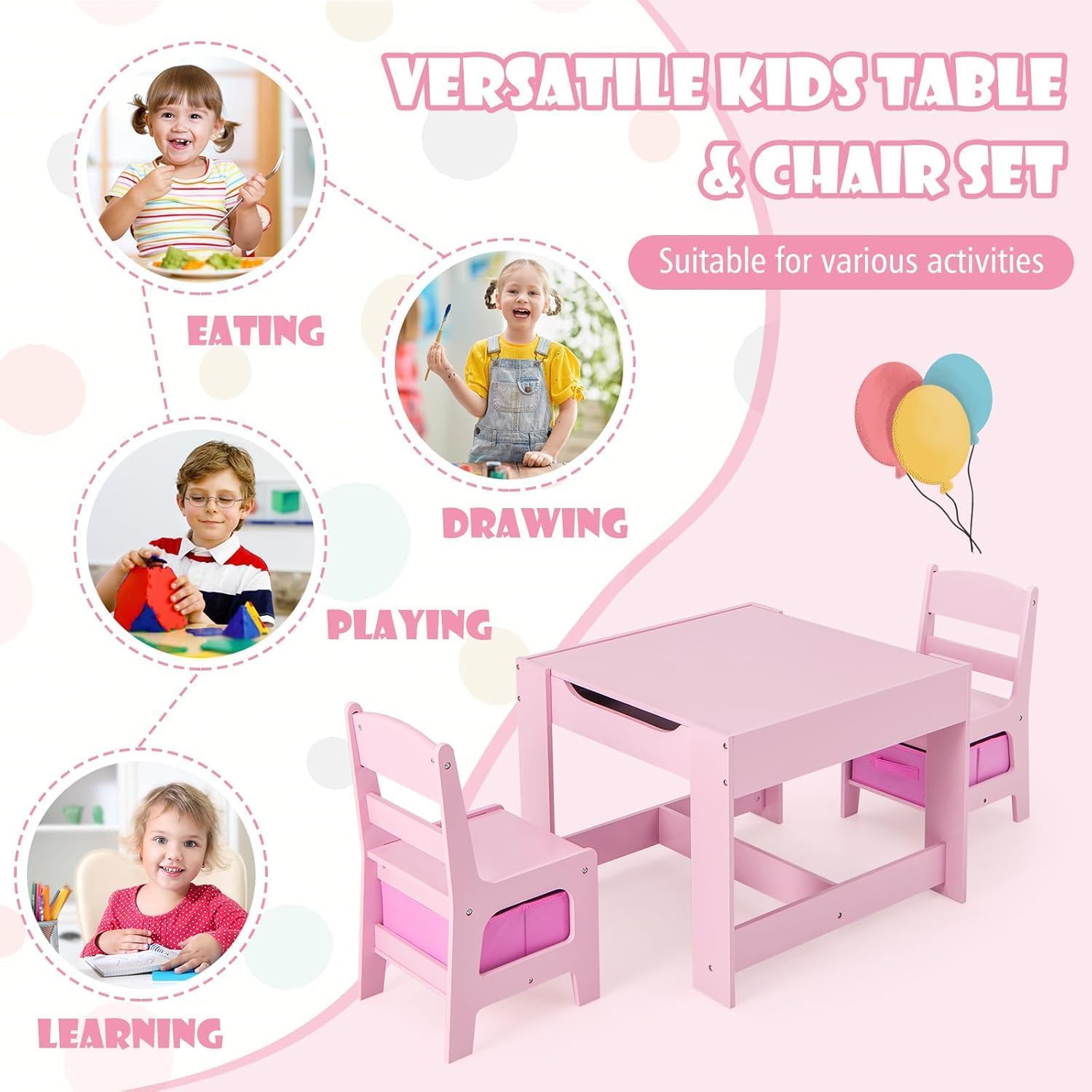 LDAILY Kids Table and Chairs, 3 in 1 Wooden Kids Table with Storage Drawer, Removable Blackboard, Reversible Tabletop, Toddler Table and Chair Set for Drawing, Reading (Pink)