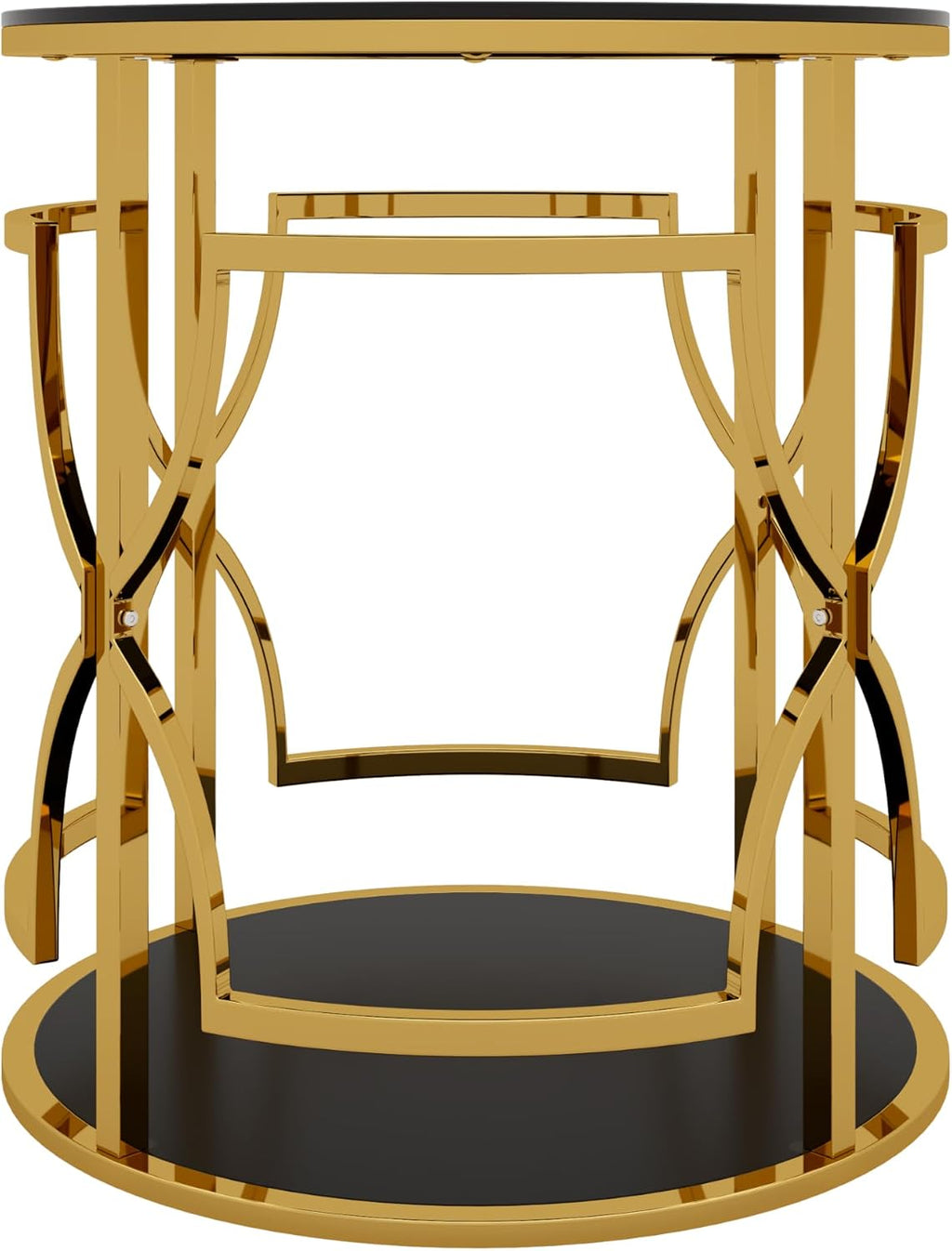 Merax 19.7" Round Gold Metal Side Table with Tempered Glass Top & 2-Tier Storage Shelf, Modern Coffee Table Glam End Table for Living Room, Bedroom, Sofa Side, Small Space, Black