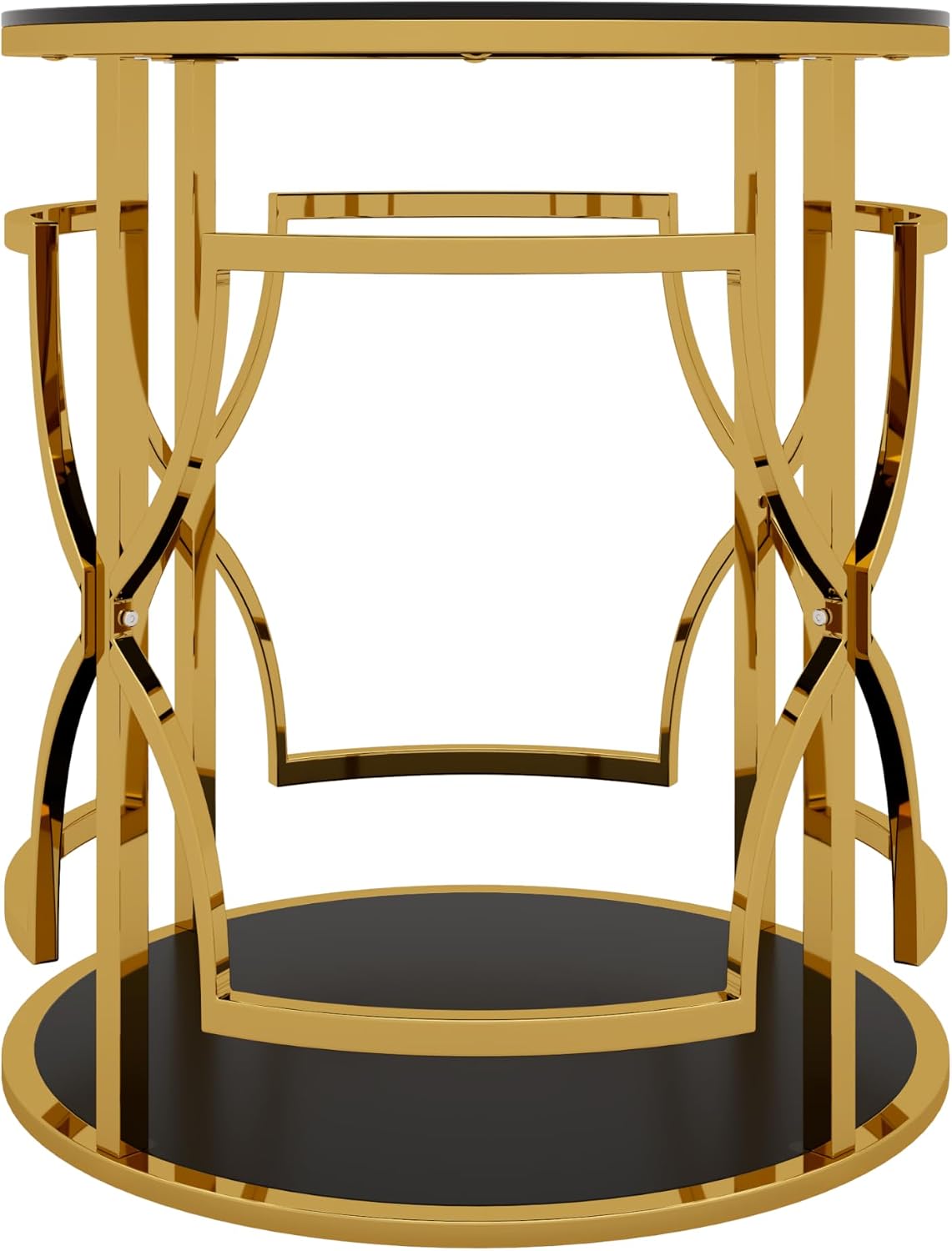 Merax 19.7" Round Gold Metal Side Table with Tempered Glass Top & 2-Tier Storage Shelf, Modern Coffee Table Glam End Table for Living Room, Bedroom, Sofa Side, Small Space, Black