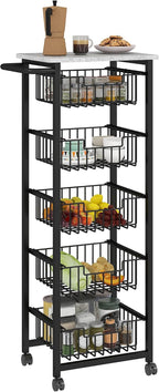 HOMCOM 5-Tier Kitchen Island on Wheels, Rolling Kitchen Storage Trolley with 5 Pull-Out Mesh Baskets, Mobile Utility Serving Cart, Light Grey