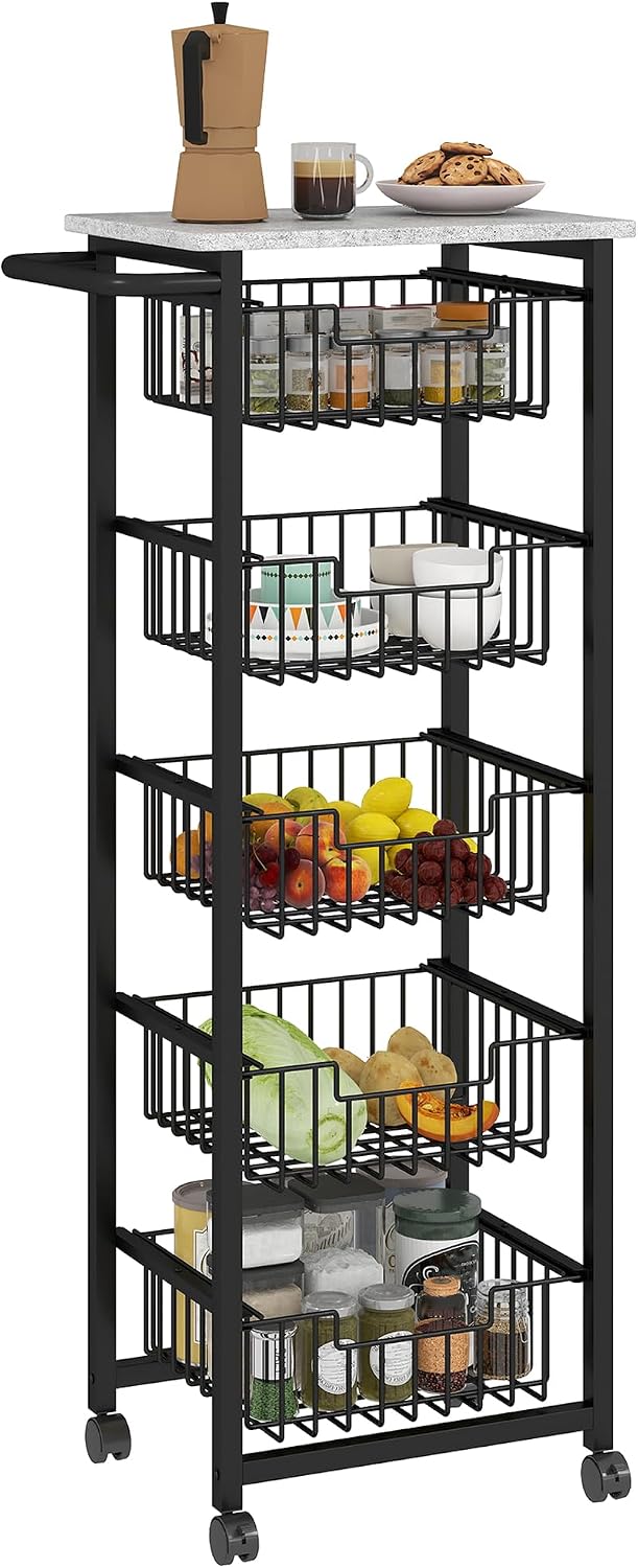 HOMCOM 5-Tier Kitchen Island on Wheels, Rolling Kitchen Storage Trolley with 5 Pull-Out Mesh Baskets, Mobile Utility Serving Cart, Light Grey