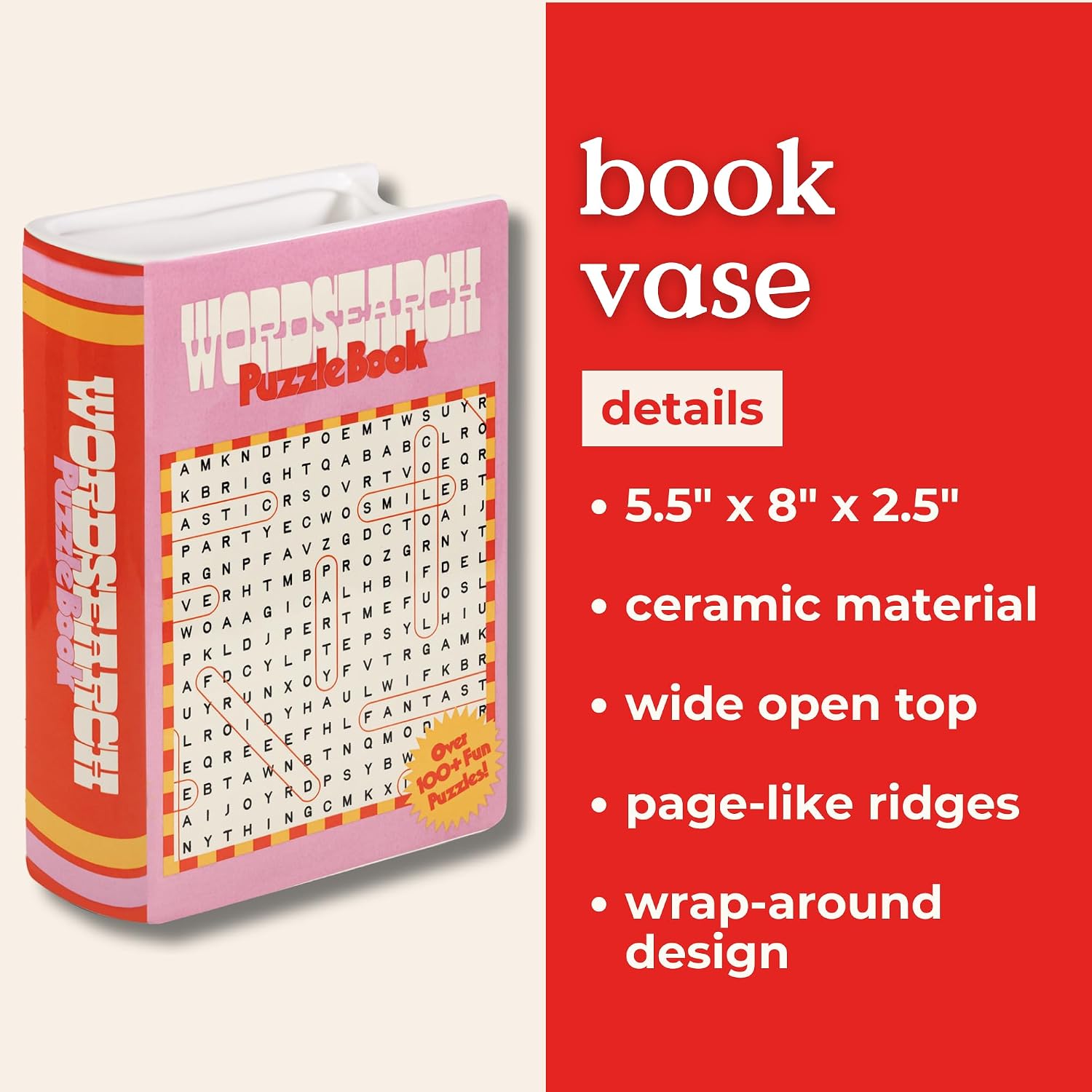 ban.do Decorative Book Shaped Vase, Word Search Ceramic Vase, Shelf Decor for Home or Office (Word Search)