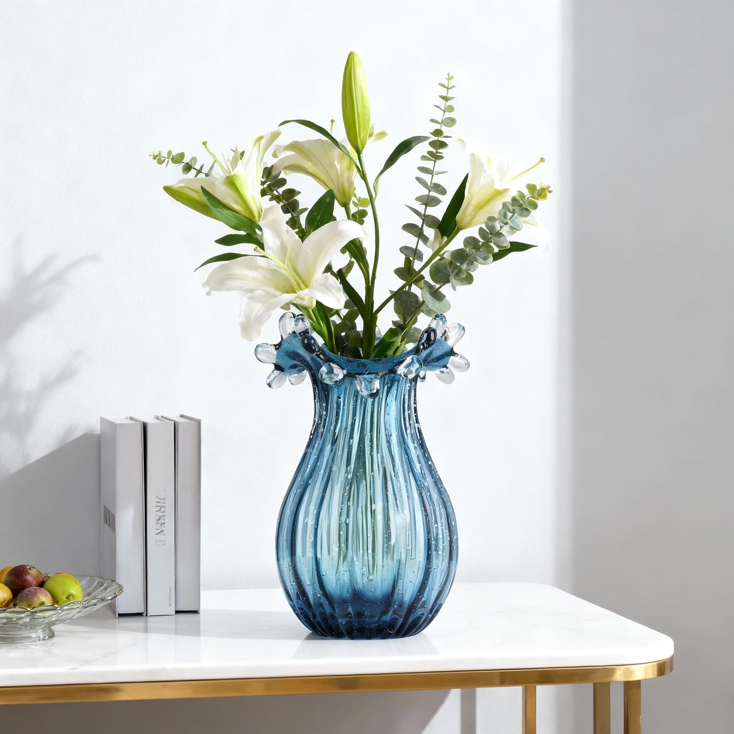 Hand Blown Glass vase, Unique Blue Glass vase, Modern Art Decor, Suitable for Living Room Coffee Tables, Wedding centerpieces, Dining Tables, and Office Centerpiece Floral Arrangements