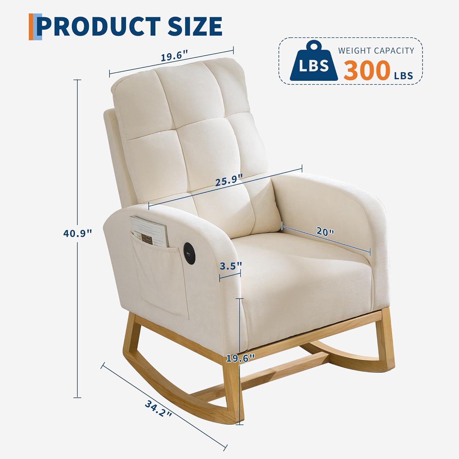 IDEALHOUSE Nursery Rocking Recliner Chair with USB Ports, Upholstered Glider Chair Featuring High Back, Side Pocket & Sturdy Wood Legs for Bedroom, Living Room, or Nursing Room – Linen Beige