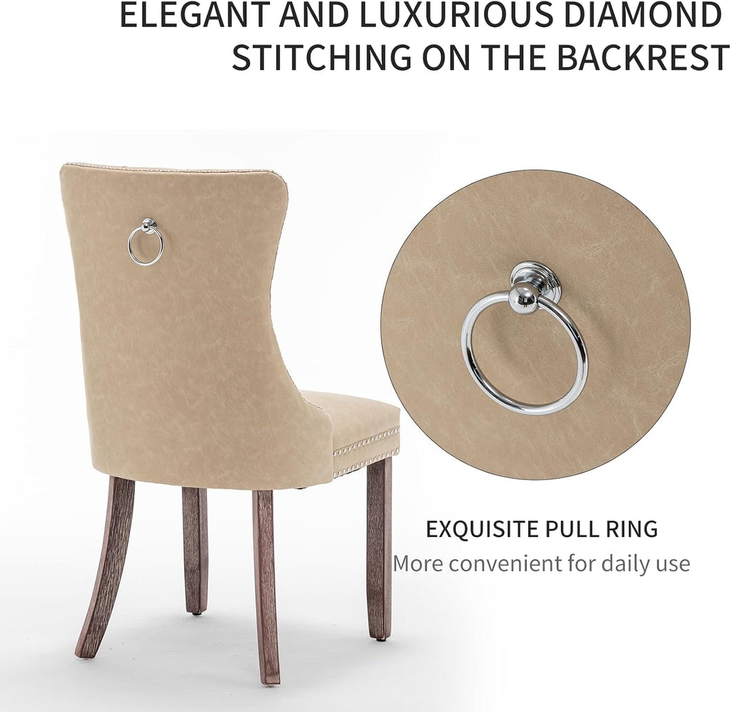 Leather Dining Chairs Set of 6, Upholstered Dining Room Chairs with Nailhead Trim, Sillas de Comedor Modernas 6, Wooden Kitchen Chairs for Dining Room, Living Room, Kitchen, Bedroom, Beige