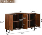 Mid-Century Modern Walnut Sideboard Buffet Cabinet, 59*16*33 inches Geometric Carved Storage Cabinet with Metal Legs, Coffee Bar Entryway Console Table Storage for Dinning Room, Living Room