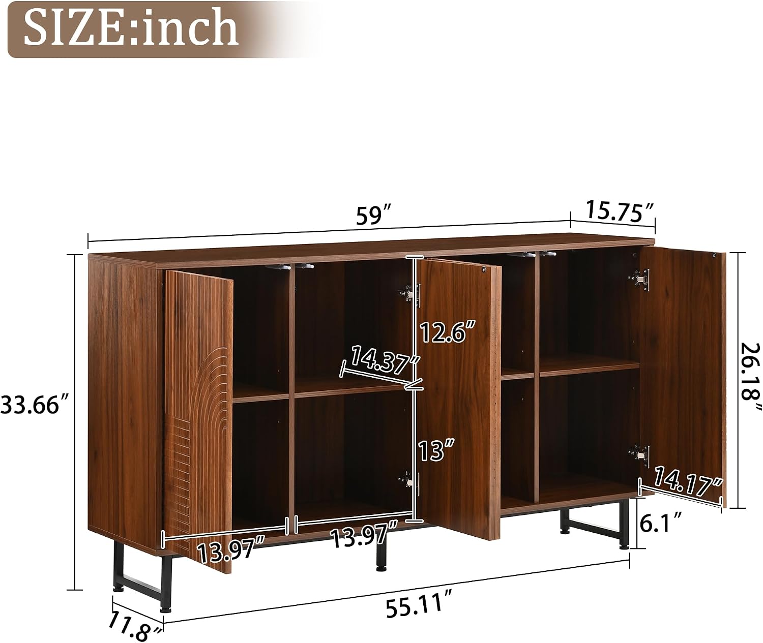 Mid-Century Modern Walnut Sideboard Buffet Cabinet, 59*16*33 inches Geometric Carved Storage Cabinet with Metal Legs, Coffee Bar Entryway Console Table Storage for Dinning Room, Living Room