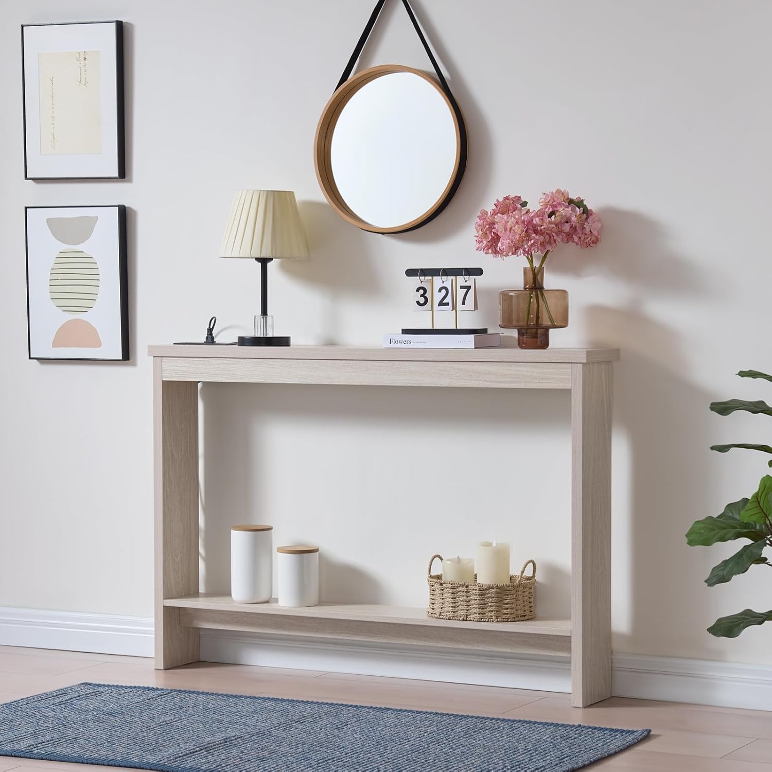Console Table with Power Outlet and USB Port, 47" Long Behind Couch Table with Charging Station, Narrow Sofa Table for Entryway, Living Room, Foyer, Hallway, White Oak Grey