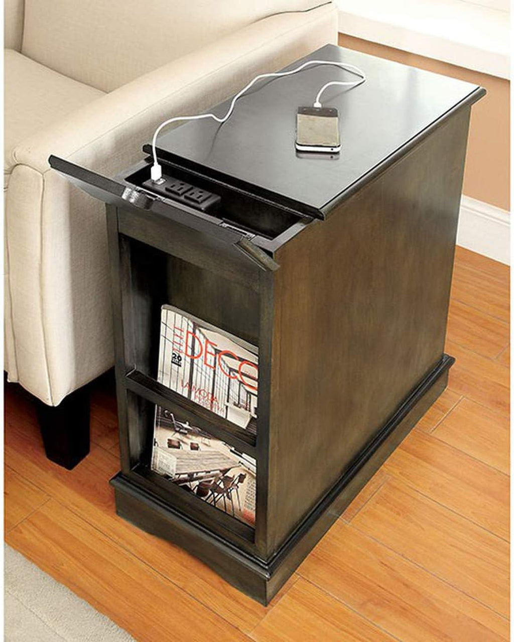 Stylish Modern Transitional Gray Side Table/Nightstand with USB Outlet - Multifunctional Solid Wood Storage Cabinet for Your Home!