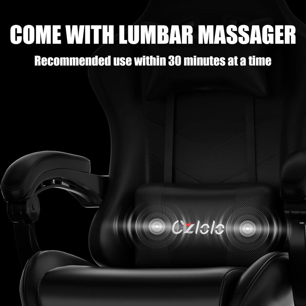Czlolo Gaming Chair, Ergonomic Office Computer Chair with Footrest and Lumbar Support Massager Racing Style High Back Video Gamer Chair, Wide＆Thick Cushion, 90°-135° Recline, Adjustable Height, Black
