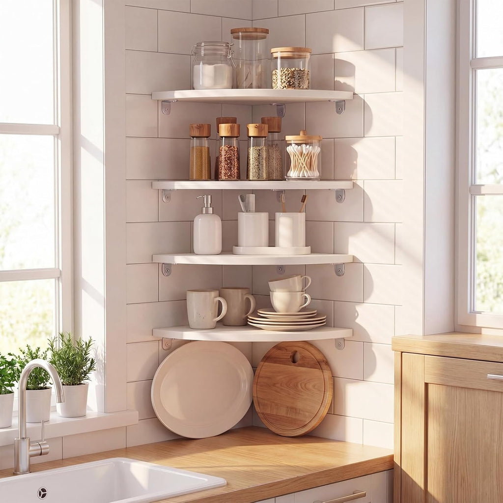 4 Pcs White Corner Floating Shelves for Wall with Cord Hole 10 Inch Rounded Corner Curved Hanging Shelves for Cable Box, Speaker, TV Cords, Books, Plants