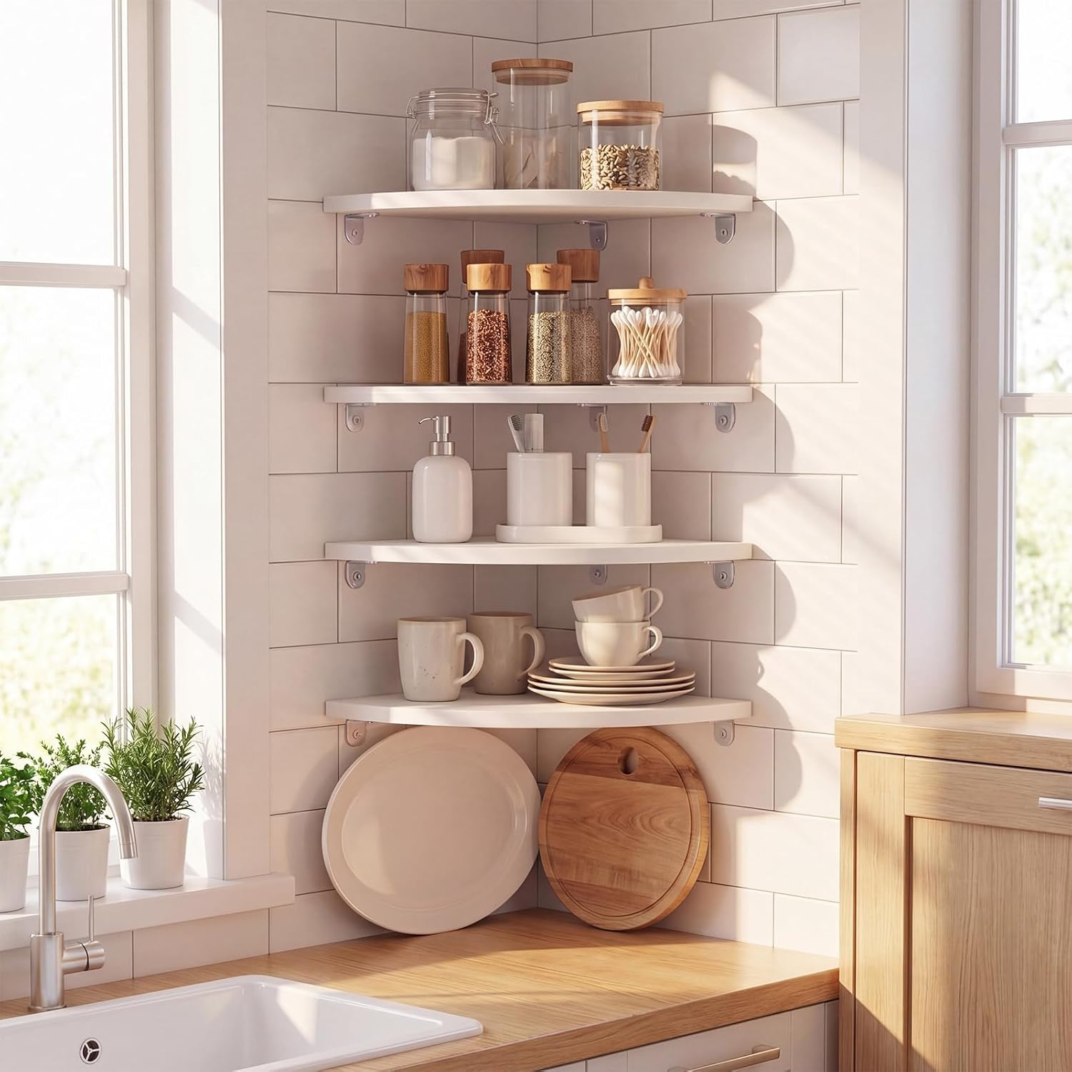 4 Pcs White Corner Floating Shelves for Wall with Cord Hole 10 Inch Rounded Corner Curved Hanging Shelves for Cable Box, Speaker, TV Cords, Books, Plants