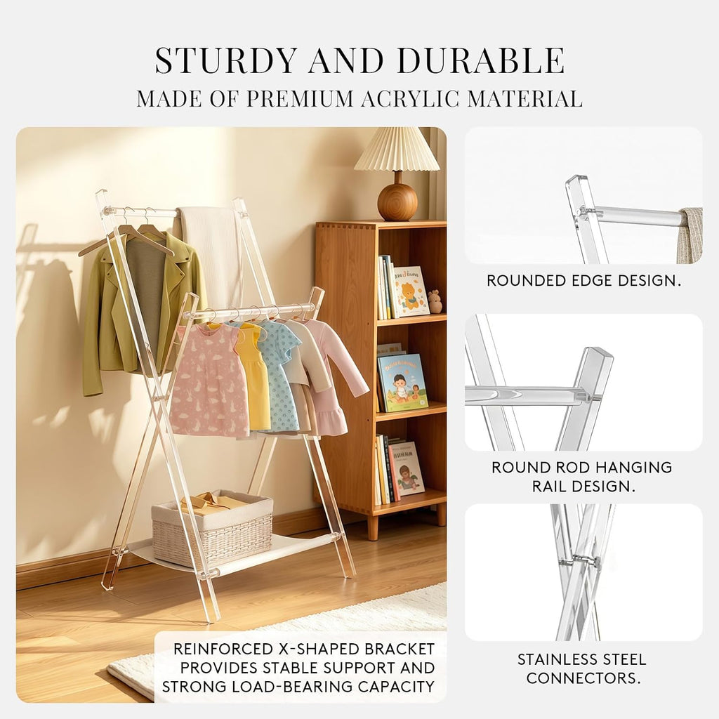 Acrylic Coat Rack Stand with Shelf, Foldable Clear Coat Hanger Stand, Modern Acrylic Hall Tree for Entryway, Bedroom, Living Room, Sturdy & Easy to Assemble