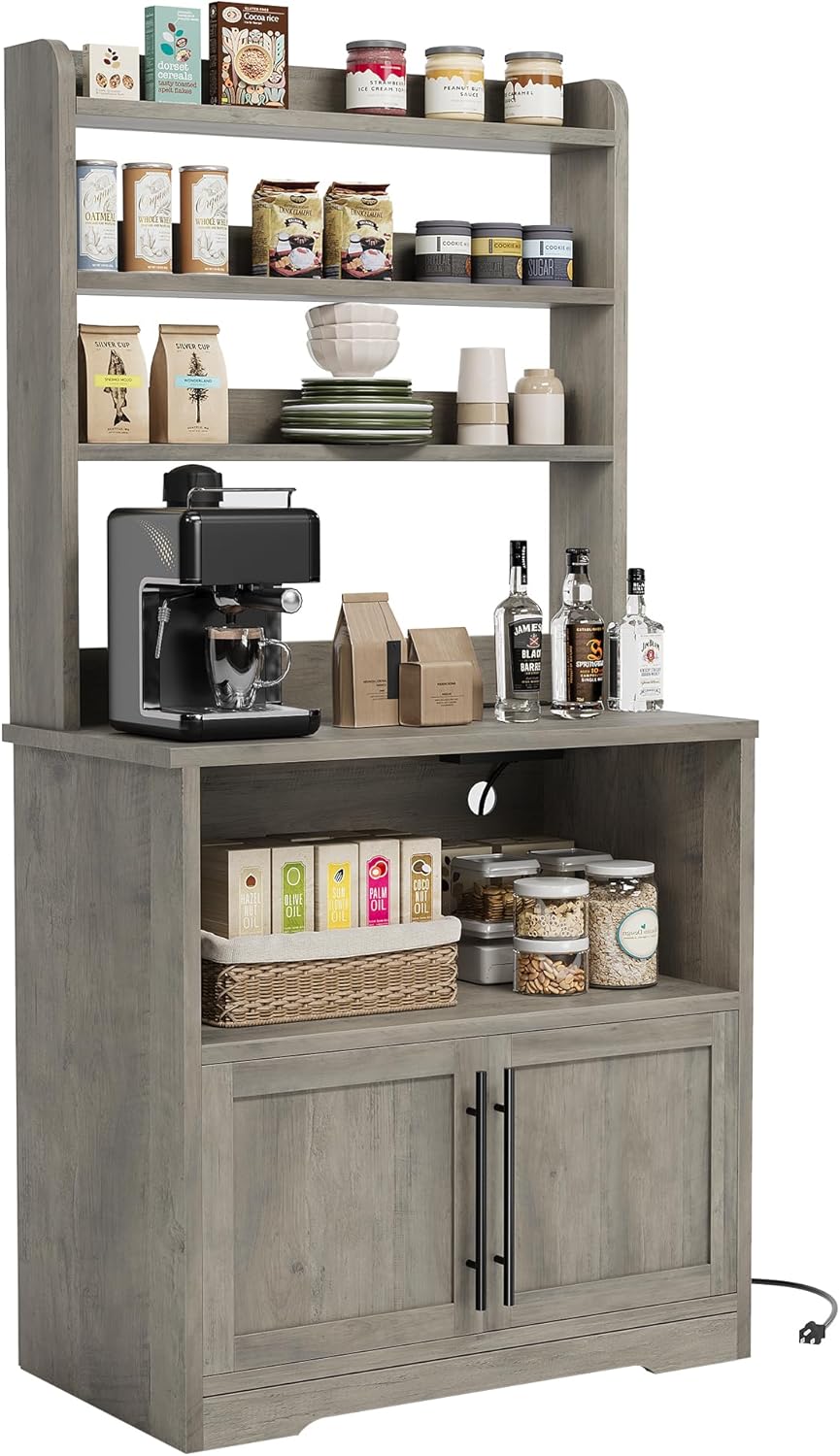 Takywep Kitchen Bakers Rack with Power Outlet, Microwave Oven Stand with Operation Table, Tall Versatile Storage Shelf with Cabinet, Coffee Bar Cabinet for Dining Room, Kitchen, Gray