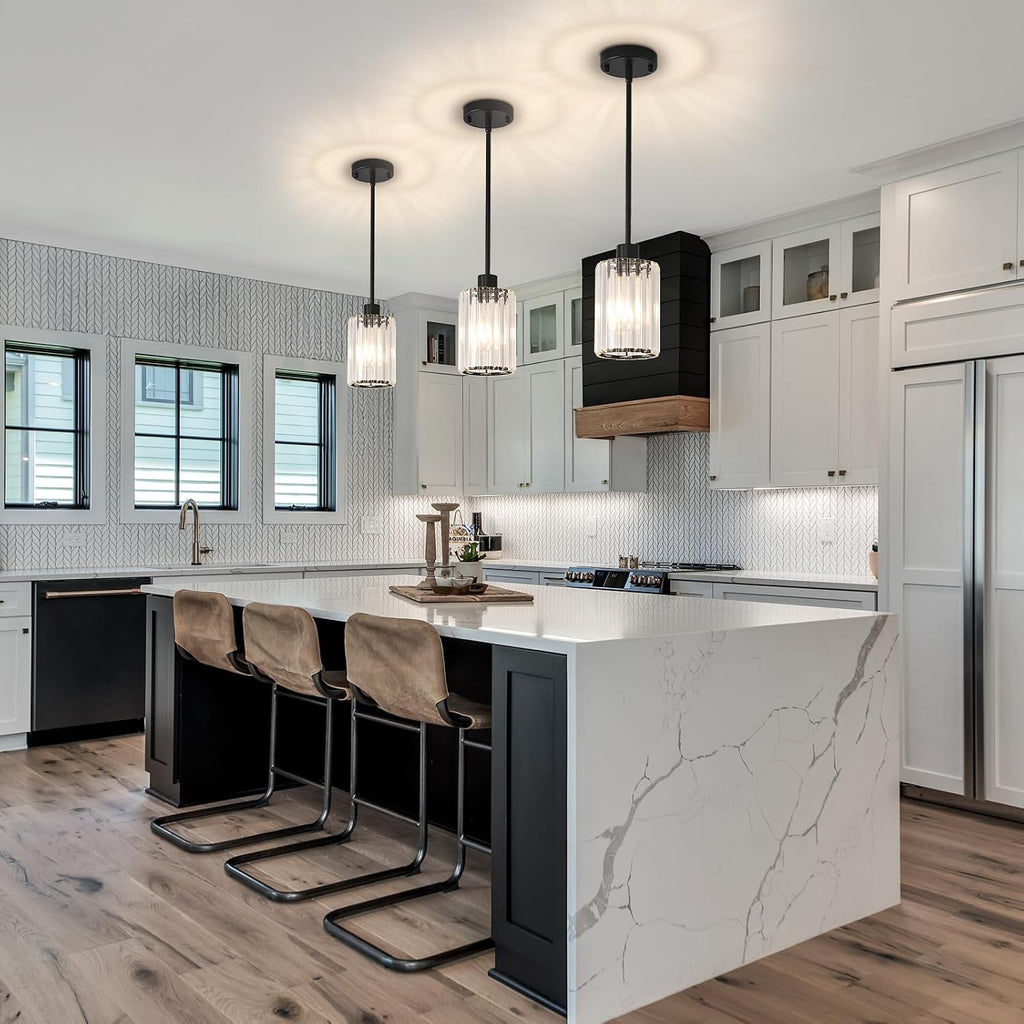 Crystal Pendant Lights Kitchen Island, 3 Pack Black Kitchen Pendant Lighting Over Island, 1-Light Mini Modern Hanging Lights for Kitchen Island, Dining Room, Hallway, Foyer, Entryways