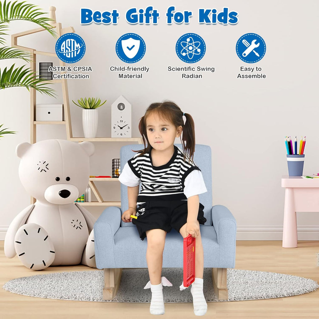 Costzon Kids Sofa, Toddler Rocking Chair with Solid Wood Frame, Linen Fabric, Anti-Tipping Design, Children Furniture Armchair for Kids Room, Nursery, Playroom, Preschool, Gift for Boys Girls (Blue)