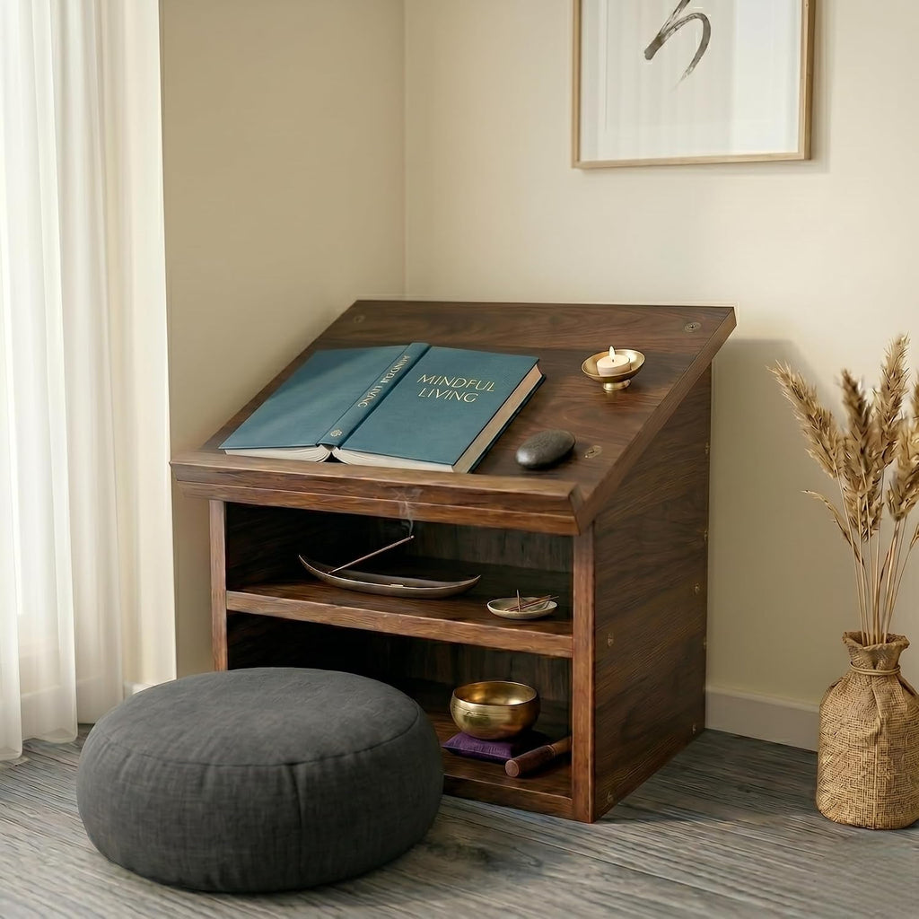 Wooden Buddhist Sutra Reading Stand – Altar Desk with Storage Compartment – Handcrafted Meditation Table for Chanting, Prayer & Script Reading – Portable Tabletop Shrine (Walnut)
