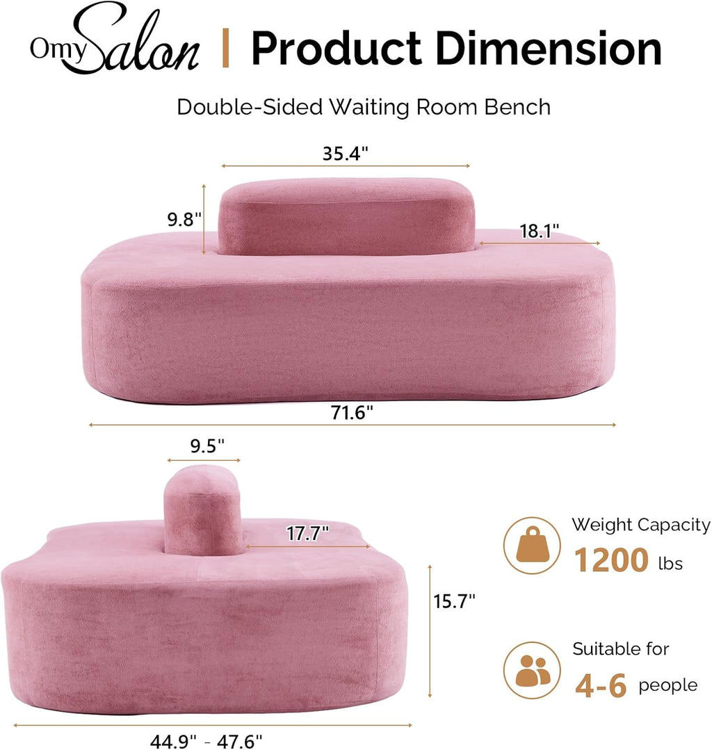 OmySalon 71.6'' Double-Sided Plush Waiting Room Bench, Fully Assembled, Seating for 4-6 People, Lobby Furniture for Beauty Salon, SPA & Office Lobby, Pink