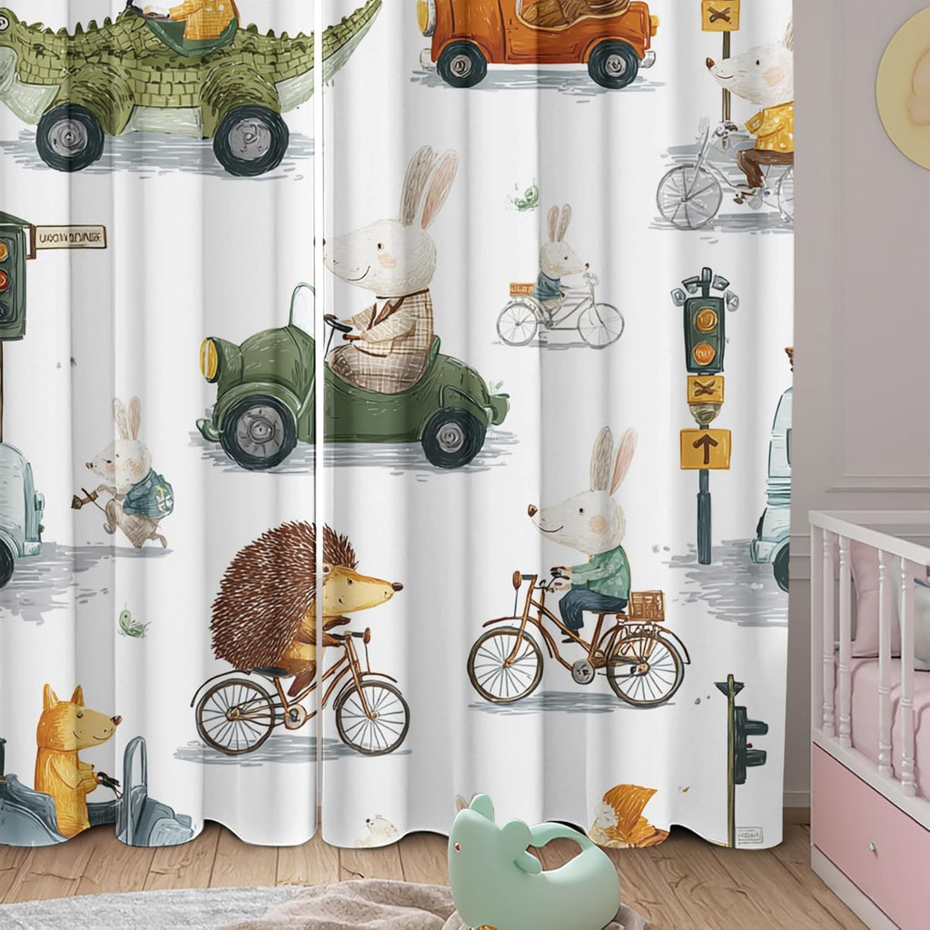 Cartoon Animals Kids Curtains for Boys Bedroom, City Street Car Vehicles Blackout Curtains 39 Inches Long, Thermal Insulated Short Window Drapes for Nursery & Room Decor 27.5Wx39L