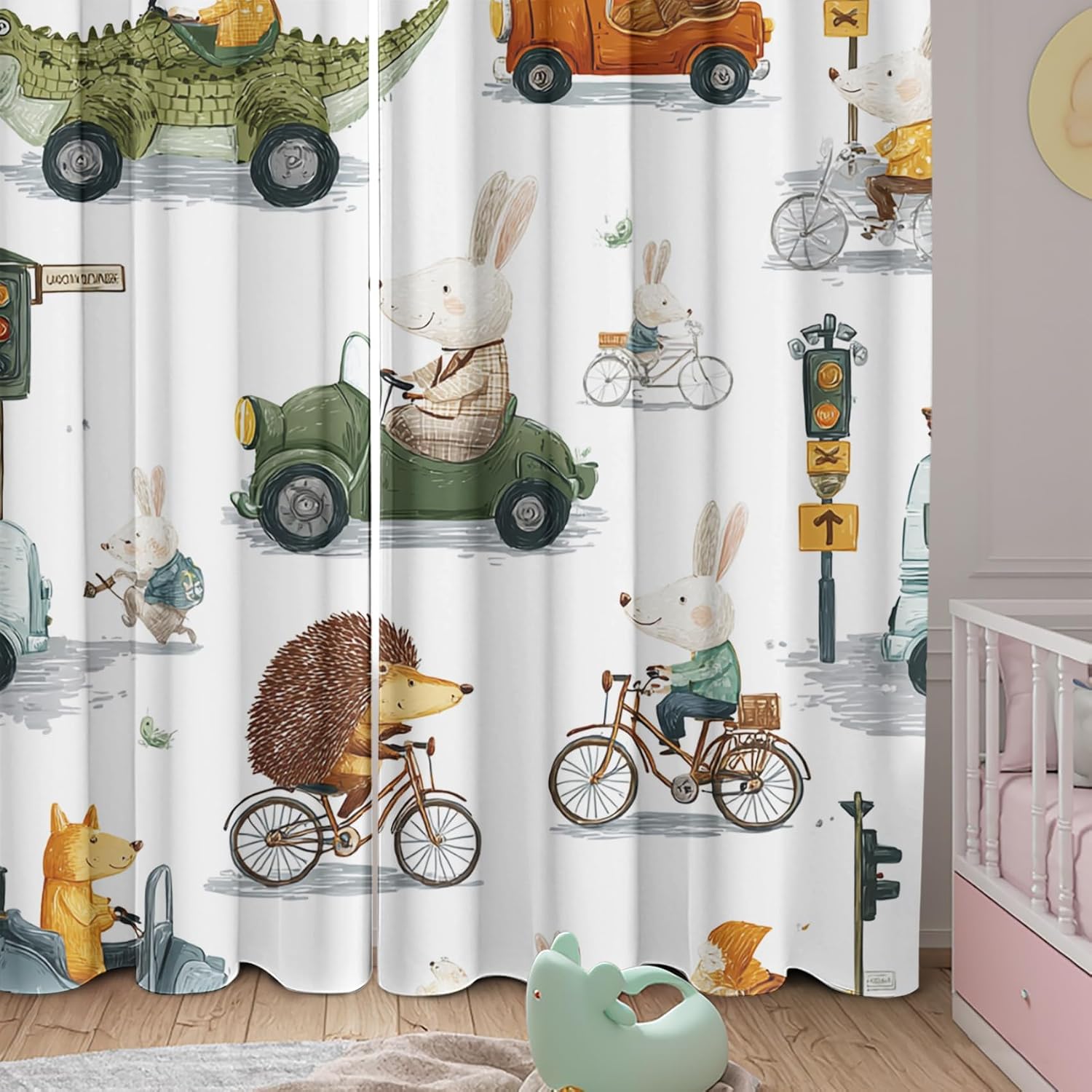 Cartoon Animals Kids Curtains for Boys Bedroom, City Street Car Vehicles Blackout Curtains 39 Inches Long, Thermal Insulated Short Window Drapes for Nursery & Room Decor 27.5Wx39L