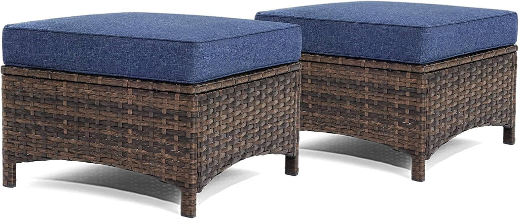 HILLGA Luxury 2PCS Patio Ottomans Footrest, Premium Wicker Steel Frame Outdoor Fabric, Comfortable Cushions, for Garden, Porch, Backyard and Deck (Blue)