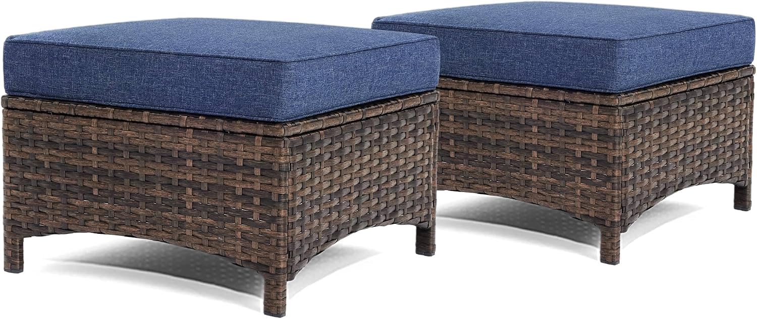 HILLGA Luxury 2PCS Patio Ottomans Footrest, Premium Wicker Steel Frame Outdoor Fabric, Comfortable Cushions, for Garden, Porch, Backyard and Deck (Blue)
