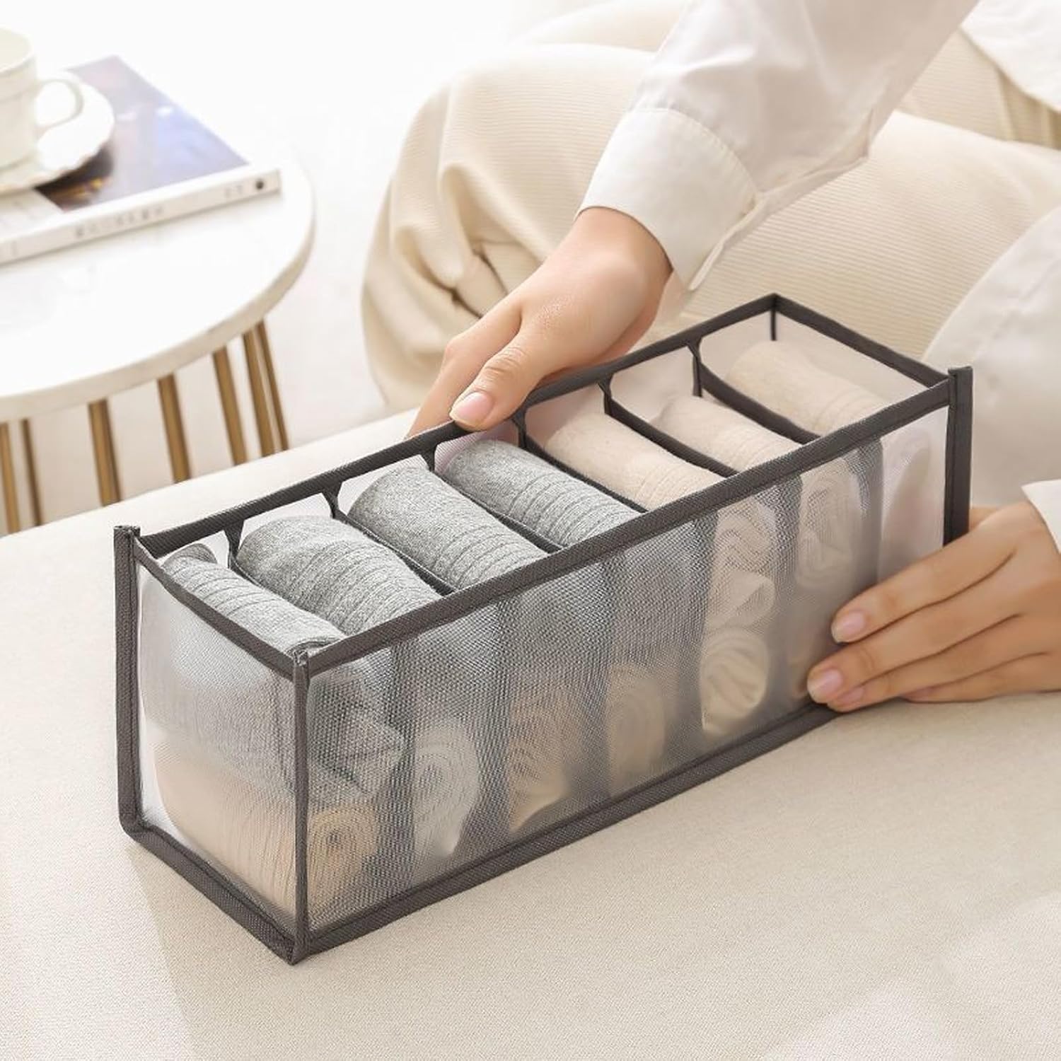 7-Compartment Underwear Storage Box with Breathable Nylon Mesh, Foldable Drawer Organizer for Socks, Lingerie, and Small Clothing Items