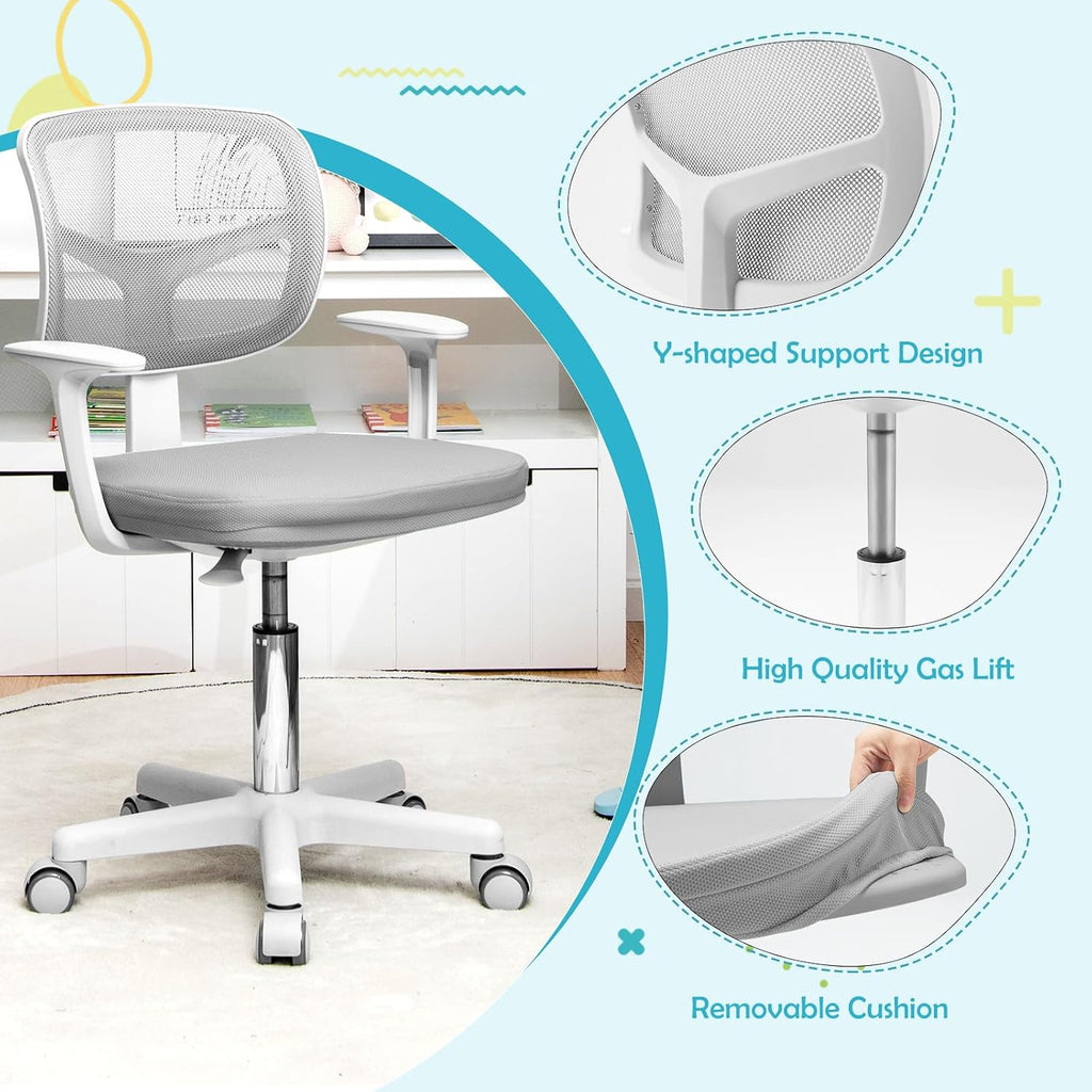 Kids Desk Chair, Height Adjustable Children Study Chair w/Lumbar Support, Swivel Mesh Seat, Universal Casters, Ergonomic Kids Task Chair for Boys Girls Aged 3-10, Home, School, Office(Grey)