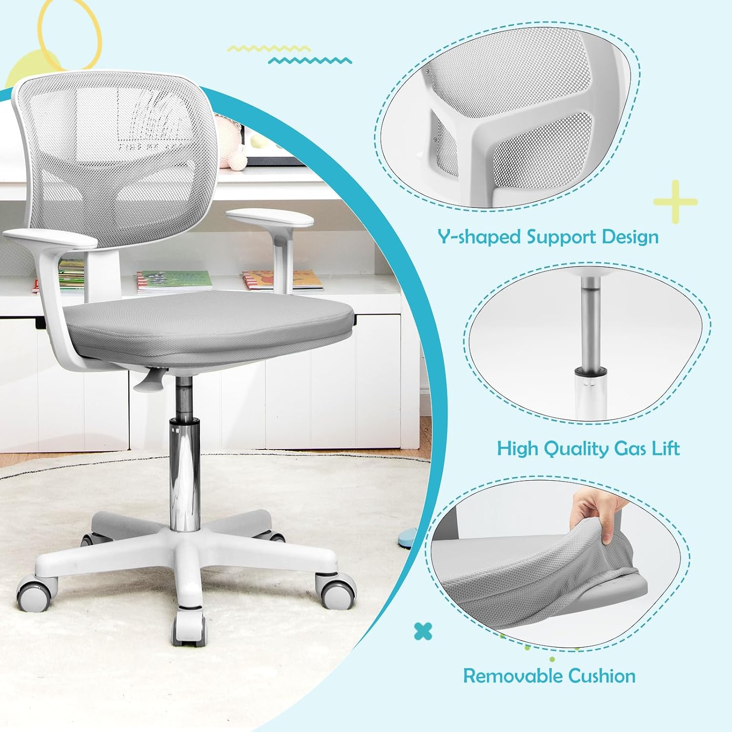 Kids Desk Chair, Height Adjustable Children Study Chair w/Lumbar Support, Swivel Mesh Seat, Universal Casters, Ergonomic Kids Task Chair for Boys Girls Aged 3-10, Home, School, Office(Grey)