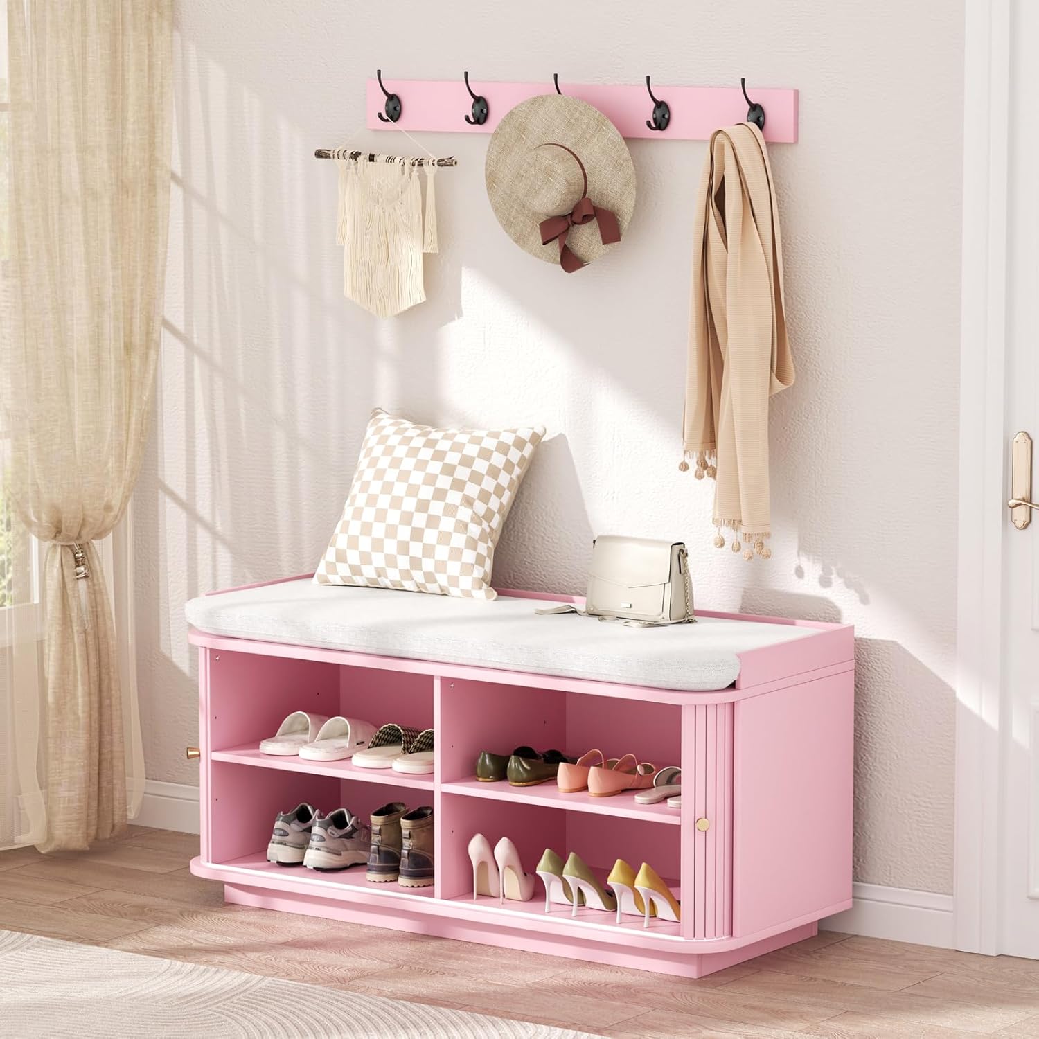 Hall Tree with Bench and Shoe Storage, Entryway Bench with Sliding Door Cabinet, Removable Padded, Metal Wall Hooks and Adjustable Storage Compartments, for Entry, Hallway, Living Room, Pink