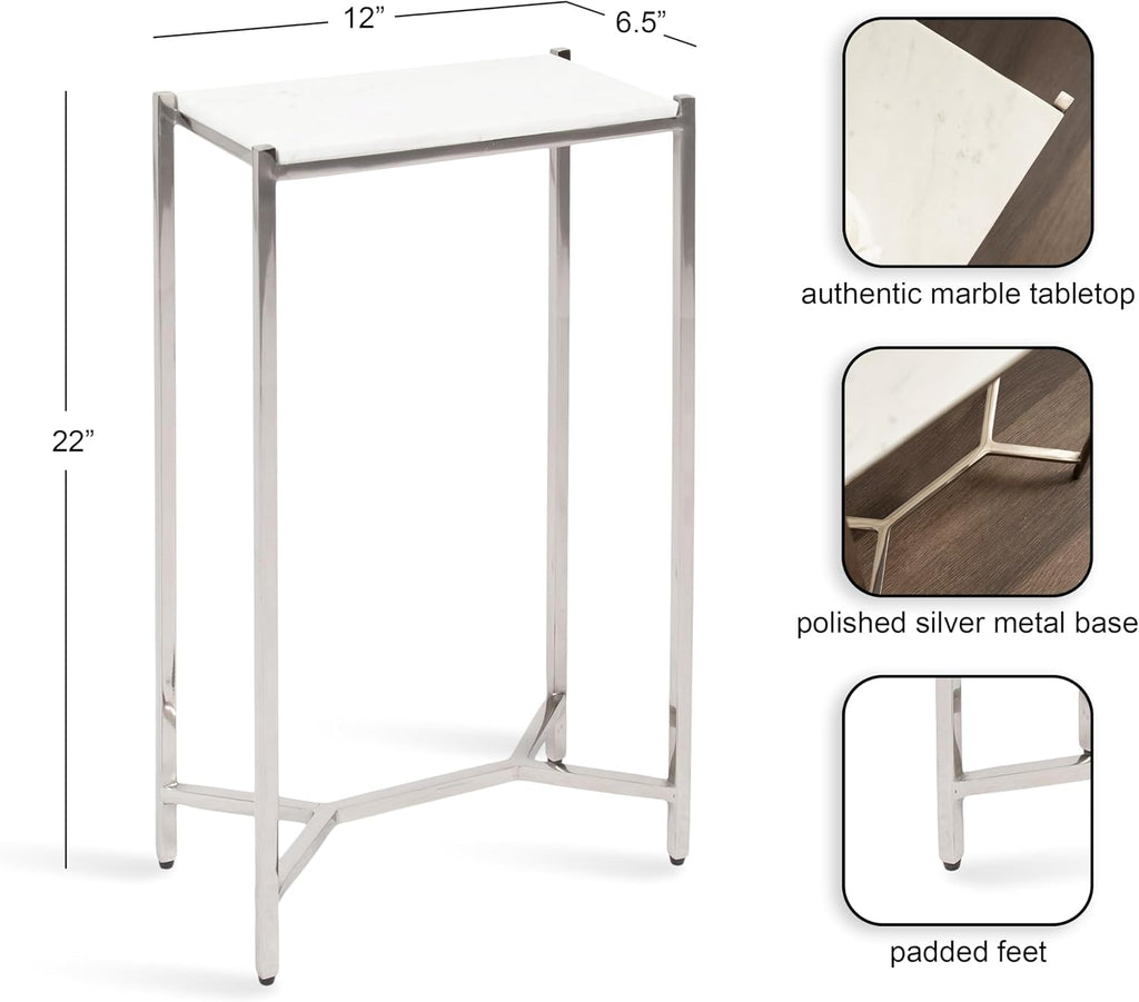 Kate and Laurel Aguilar Modern Glam Slim Side Table, 12 x 7 x 22, White Marble and Silver, Decorative Narrow End Table for Use as Skinny Bedroom Nightstand or Living Room Mini Table