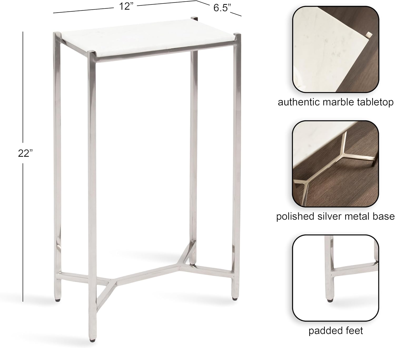Kate and Laurel Aguilar Modern Glam Slim Side Table, 12 x 7 x 22, White Marble and Silver, Decorative Narrow End Table for Use as Skinny Bedroom Nightstand or Living Room Mini Table